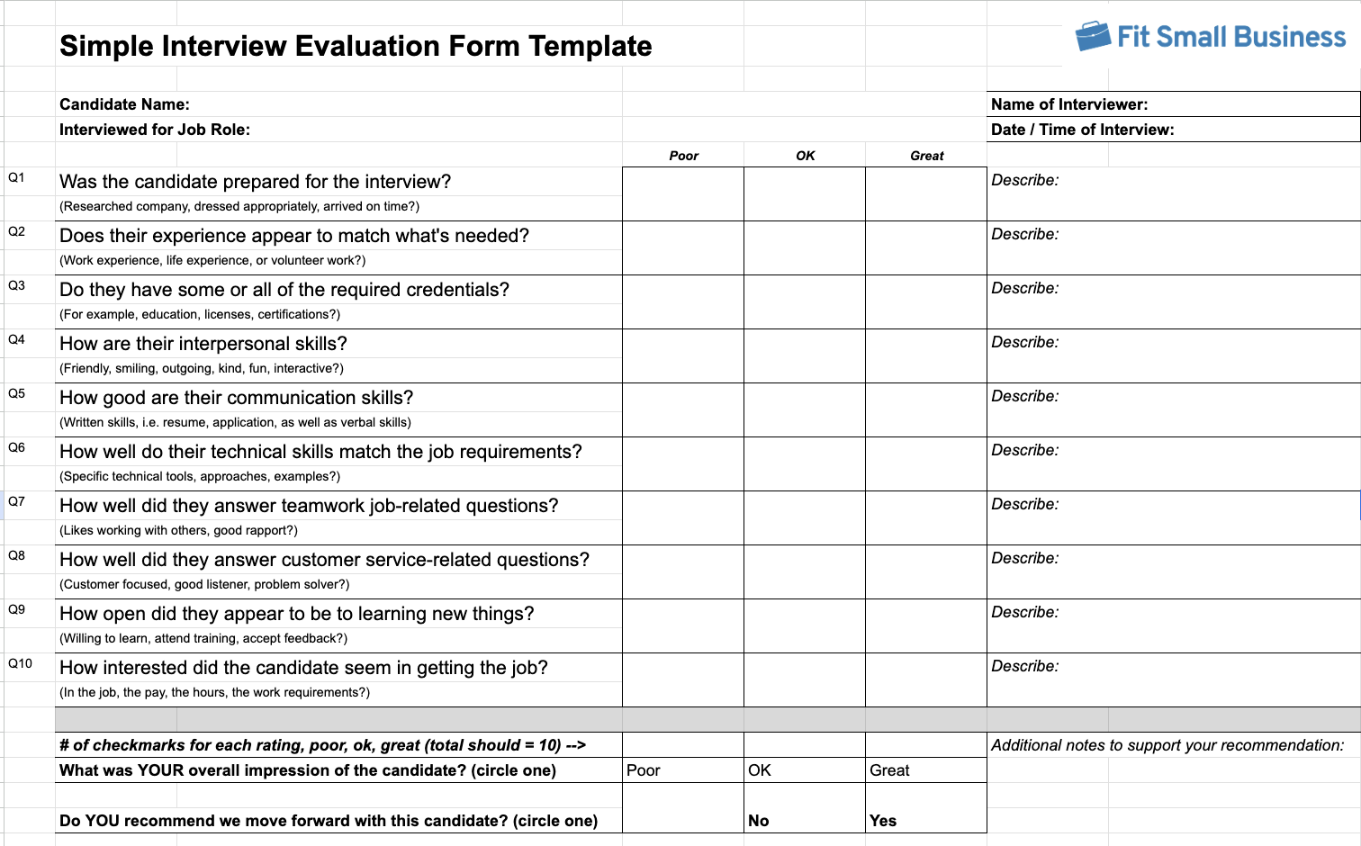 Retail Interview Evaluation Form Template